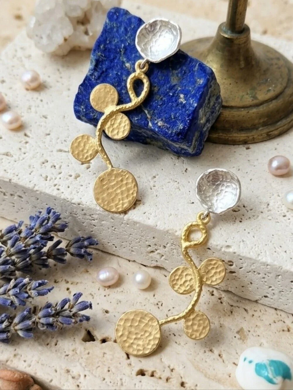 18K Gold Plated Brass Turkish Two Tone Hammered Vine Drop Earrings 3